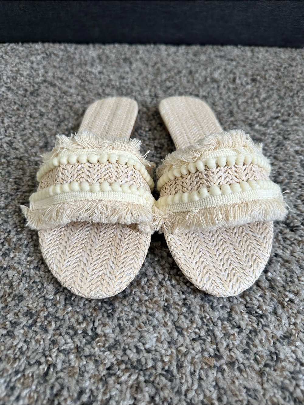 Boho Woven Slide Sandals with Fringe Trim